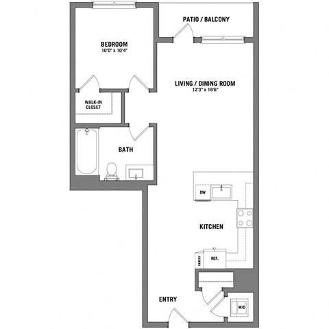 Floor plan for 1 bed, 1 bath, 747 sqft